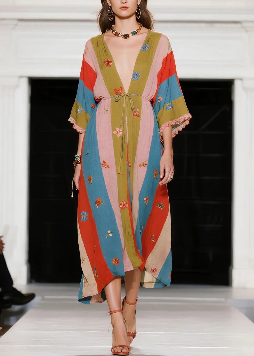 French Colorblock V Neck Floral Patchwork Cotton Dress Summer - Image 5