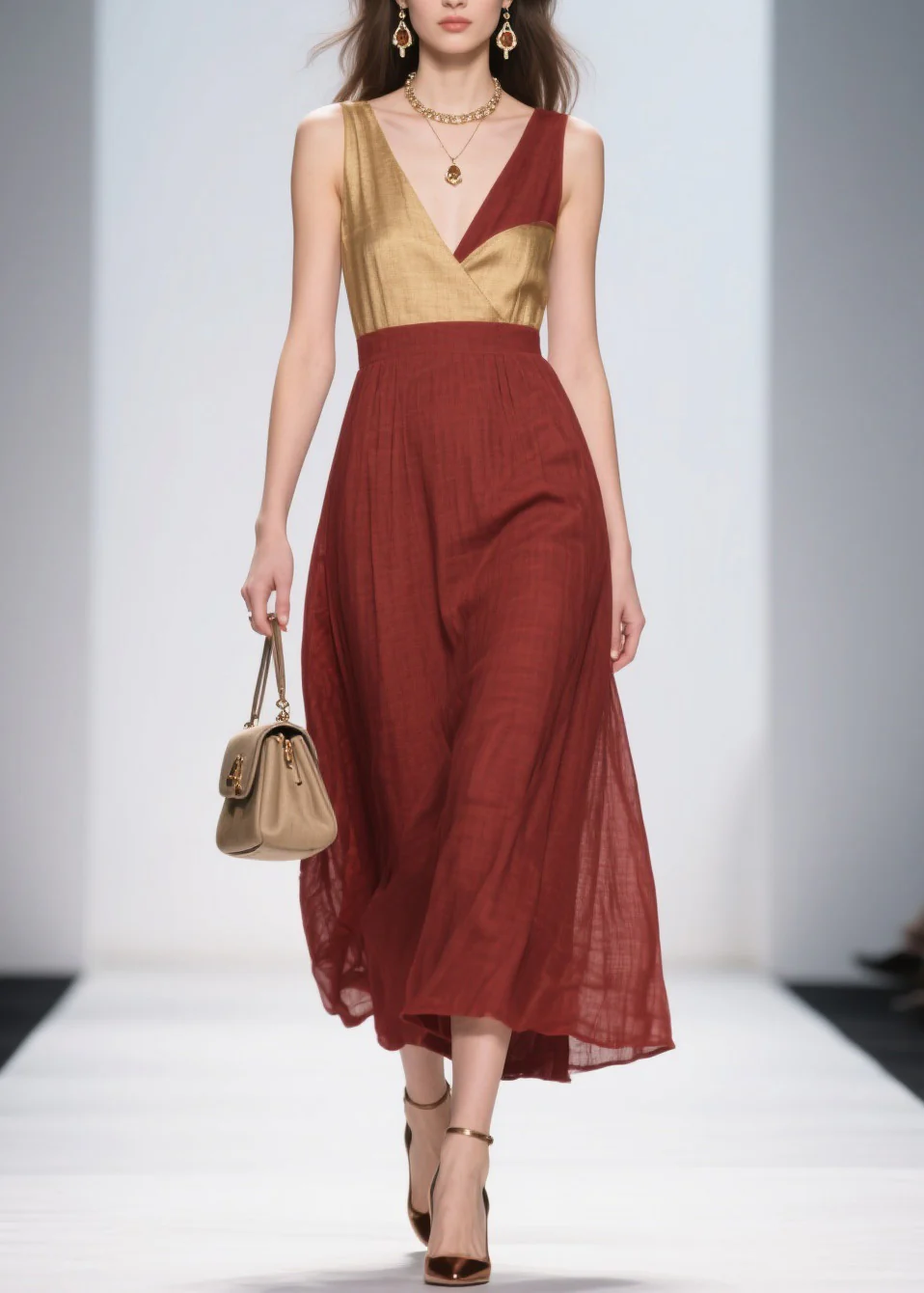 French Colorblock V Neck Patchwork Cotton Dresses Sleeveless - Image 5