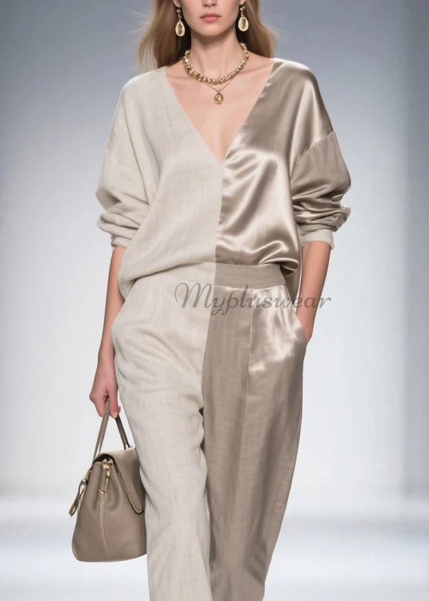 French Colorblock V Neck Patchwork Linen Silk Two Pieces Set Spring - Image 2