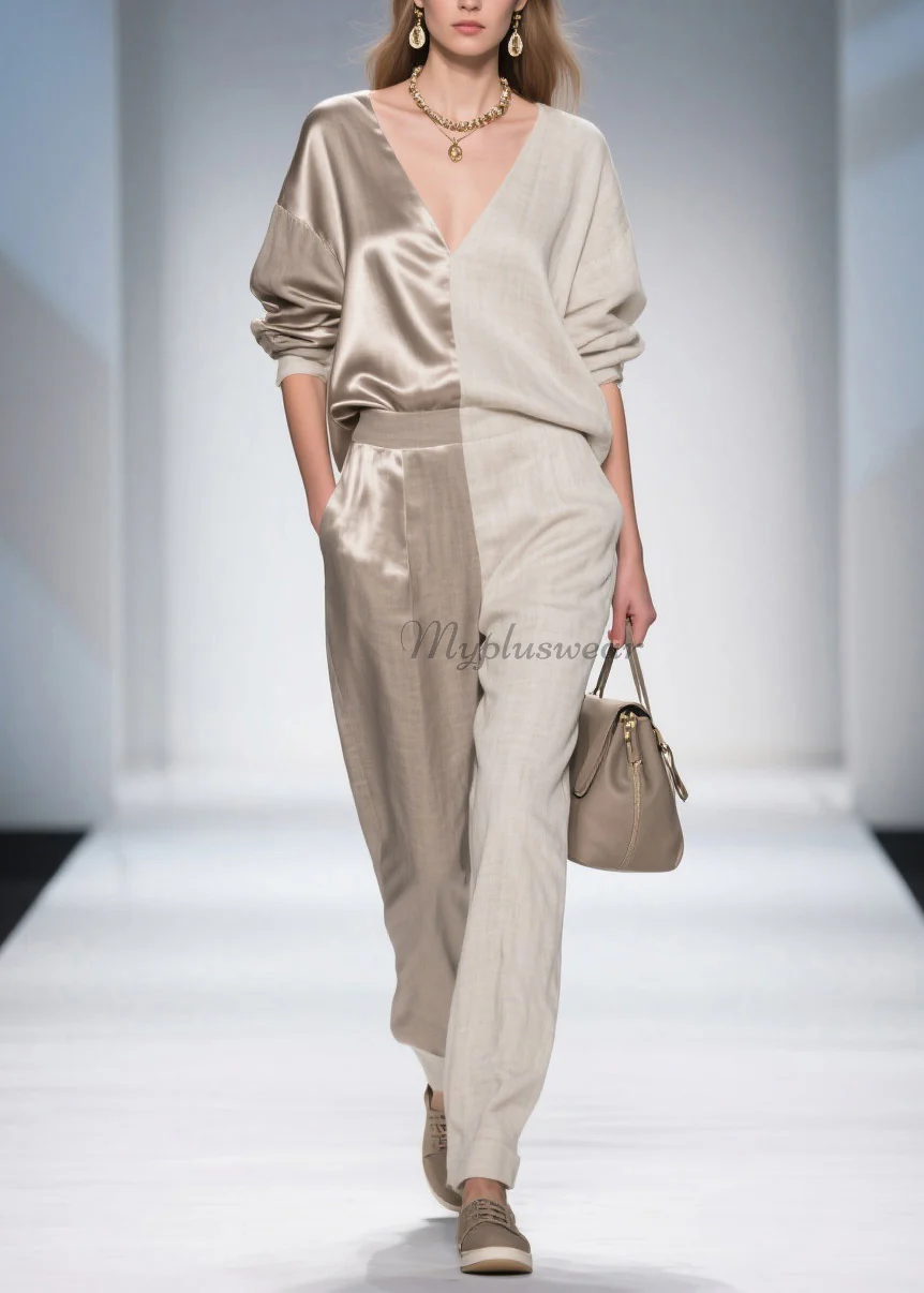 French Colorblock V Neck Patchwork Linen Silk Two Pieces Set Spring - Image 3