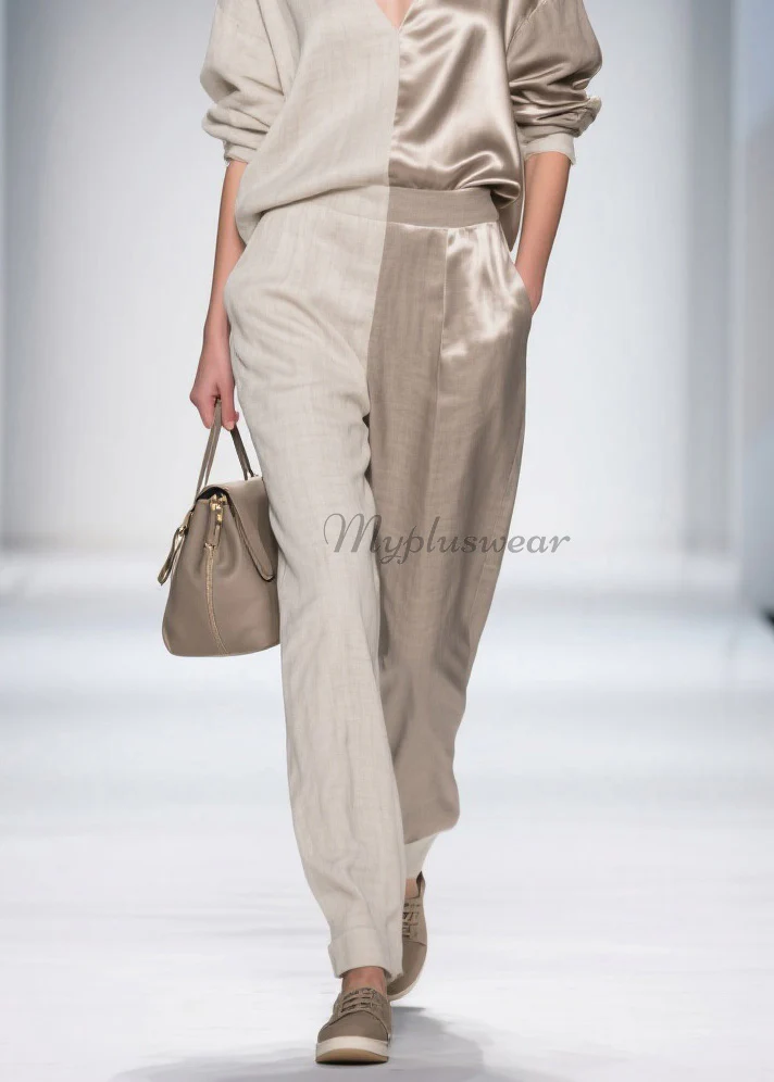 French Colorblock V Neck Patchwork Linen Silk Two Pieces Set Spring - Image 4