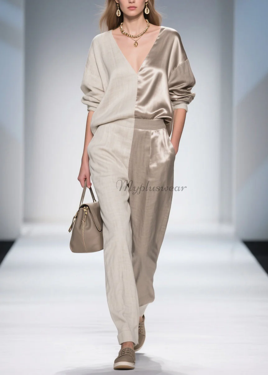 French Colorblock V Neck Patchwork Linen Silk Two Pieces Set Spring - Image 5