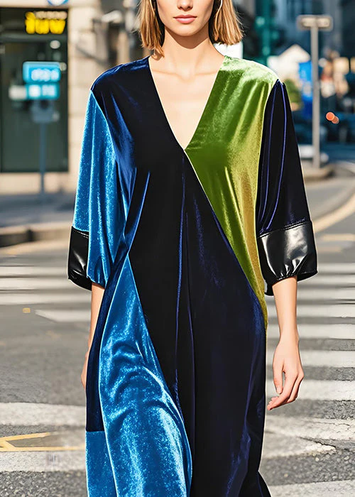 French Colorblock V Neck Patchwork Plus Size Velvet Dress Fall - Image 2