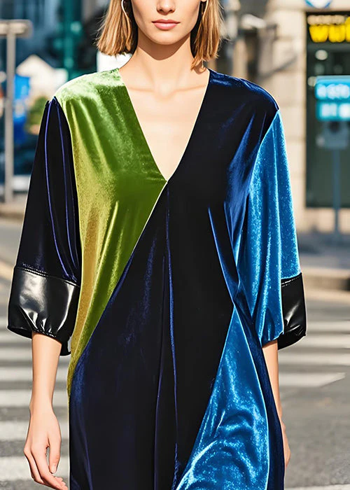 French Colorblock V Neck Patchwork Plus Size Velvet Dress Fall - Image 3