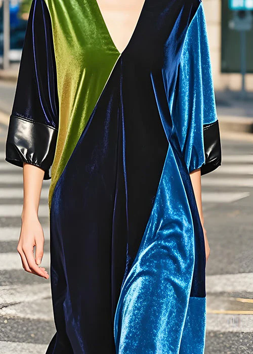 French Colorblock V Neck Patchwork Plus Size Velvet Dress Fall - Image 4