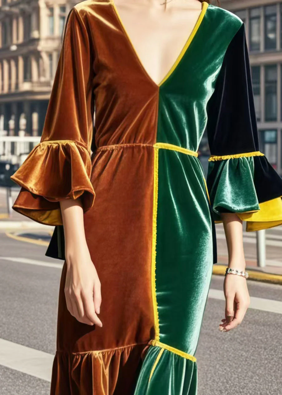 French Colorblock V Neck Patchwork Silm Fit Silk Velvet Dresses Flare Sleeve - Image 2