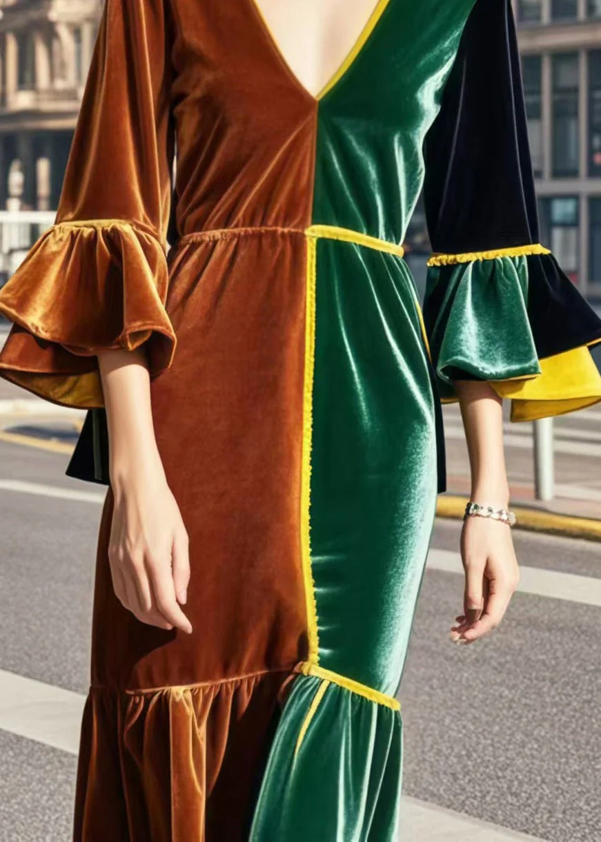 French Colorblock V Neck Patchwork Silm Fit Silk Velvet Dresses Flare Sleeve - Image 3