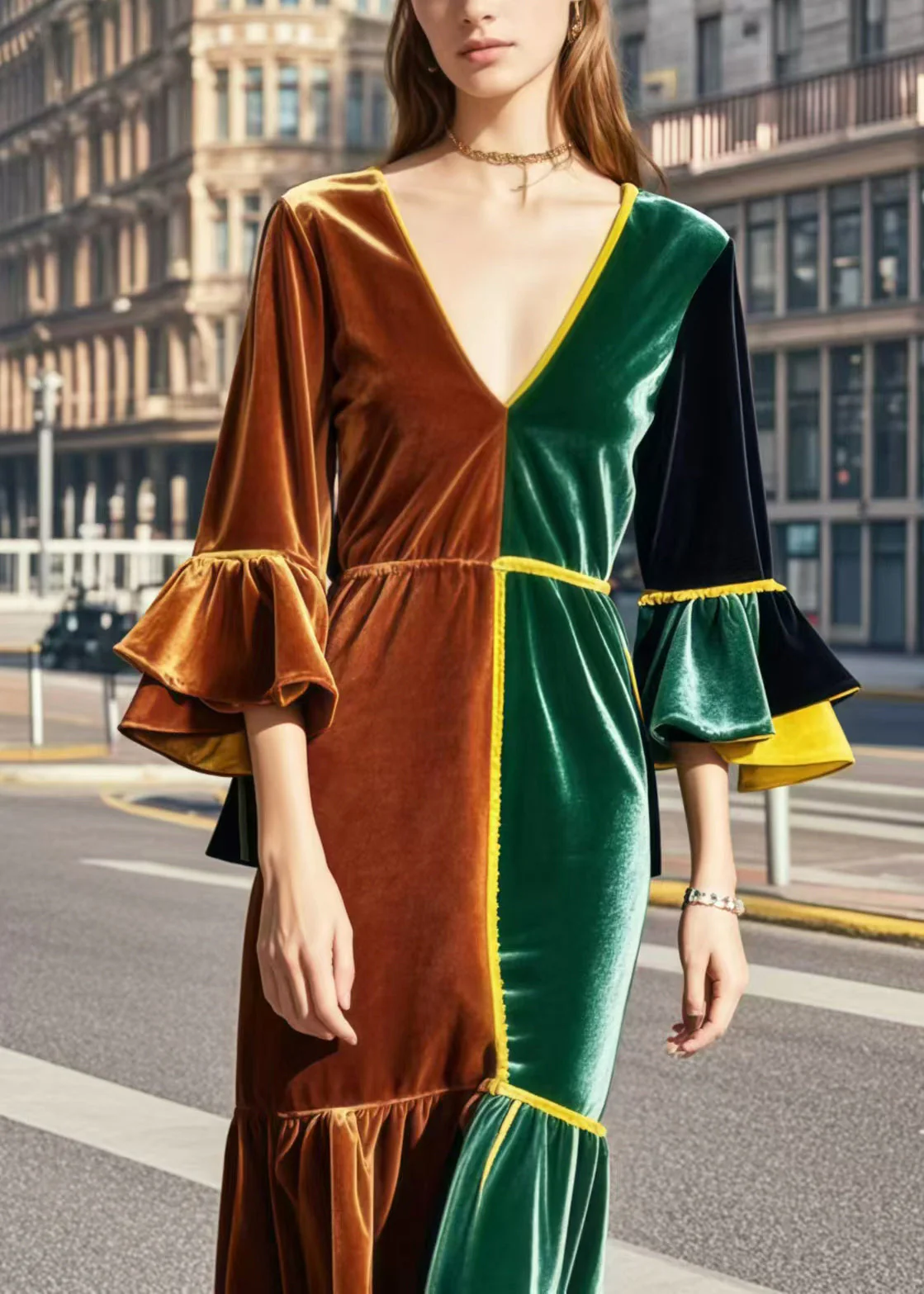 French Colorblock V Neck Patchwork Silm Fit Silk Velvet Dresses Flare Sleeve - Image 4