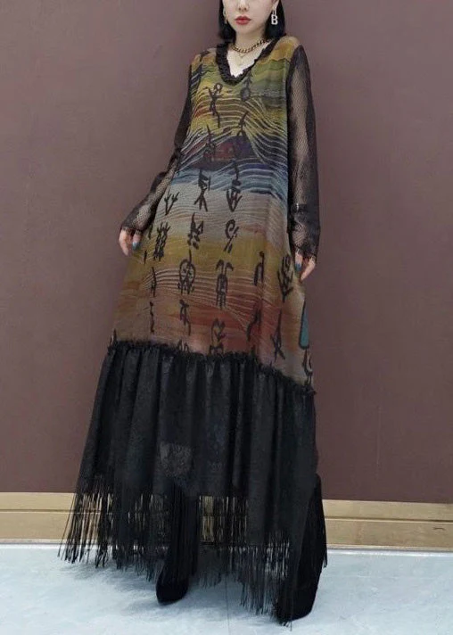 French Colorblock V Neck Print Lace Patchwork Long Dress Spring - Image 2