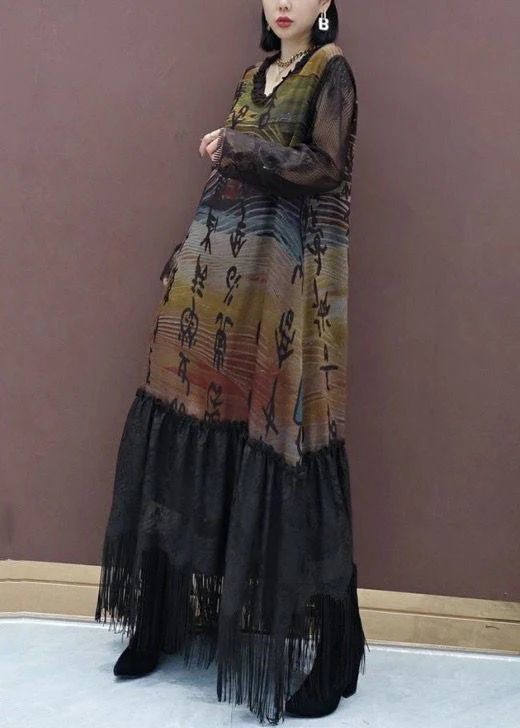French Colorblock V Neck Print Lace Patchwork Long Dress Spring - Image 3