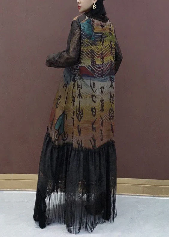 French Colorblock V Neck Print Lace Patchwork Long Dress Spring - Image 4