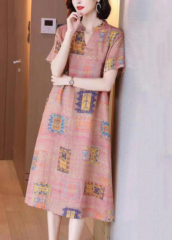 French Colorblock V Neck Print Patchwork Linen Dresses Summer - Image 2