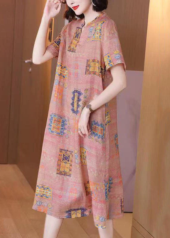French Colorblock V Neck Print Patchwork Linen Dresses Summer - Image 3