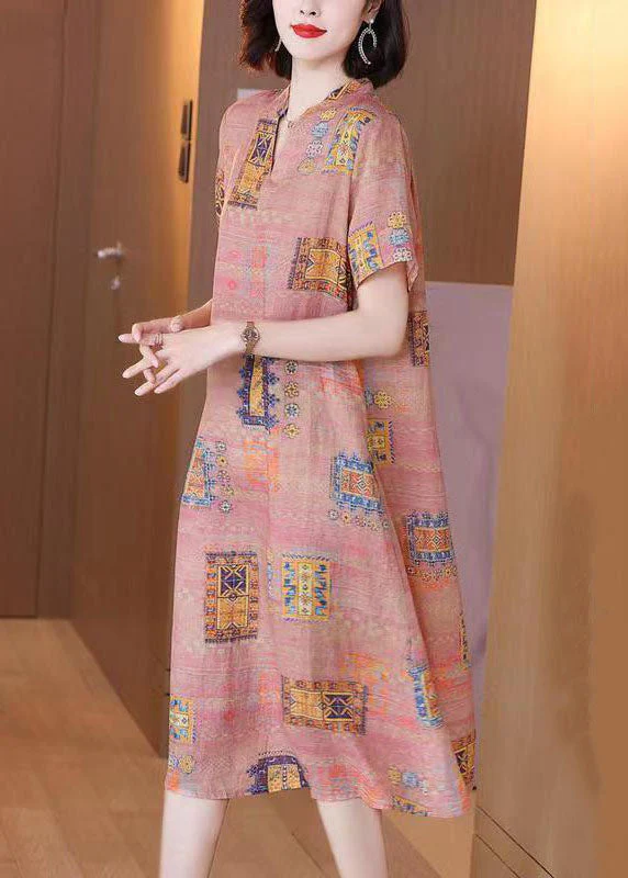 French Colorblock V Neck Print Patchwork Linen Dresses Summer - Image 4