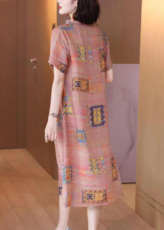 French Colorblock V Neck Print Patchwork Linen Dresses Summer - Image 5