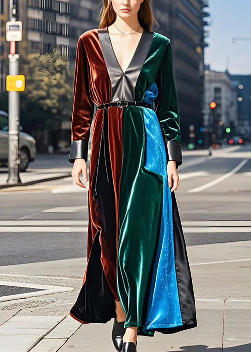 French Colorblock V Neck Sashes Velvet Long Dresses Fall - Image 2