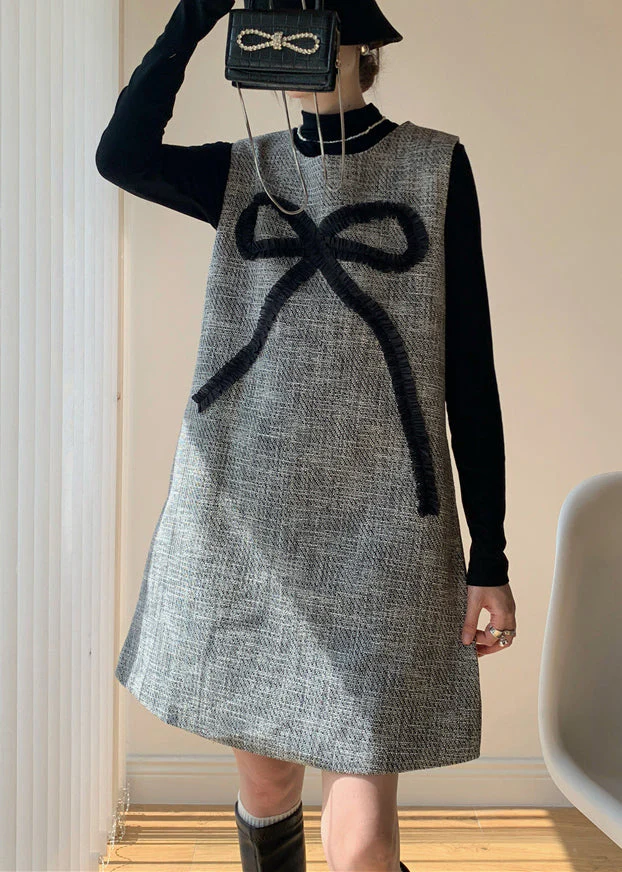 French Dark Gray Bow Dress And Black Tops Cotton Two Piece Set Spring - Image 3