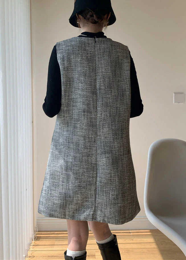French Dark Gray Bow Dress And Black Tops Cotton Two Piece Set Spring - Image 4