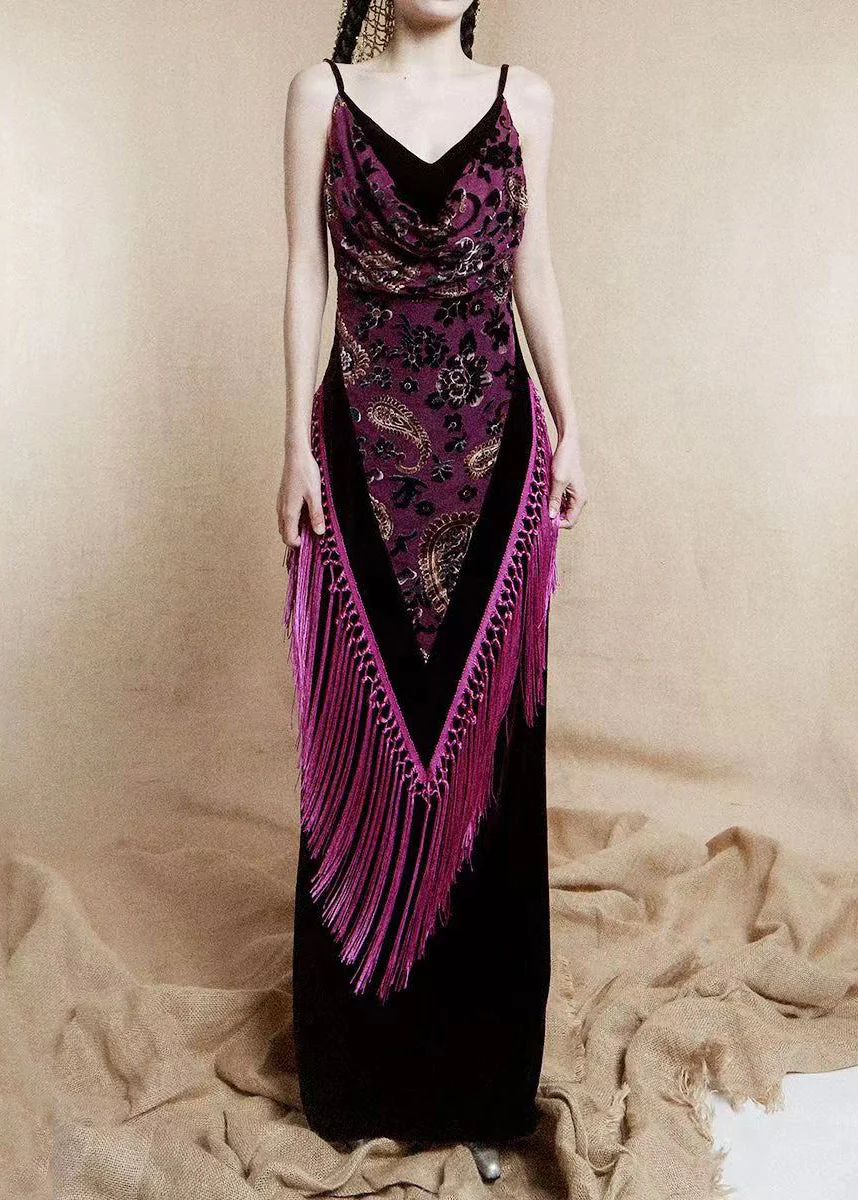 French Dark Gray V Neck Tasseled Silk Velvet Spaghetti Strap Dress Sleeveless - Image 2