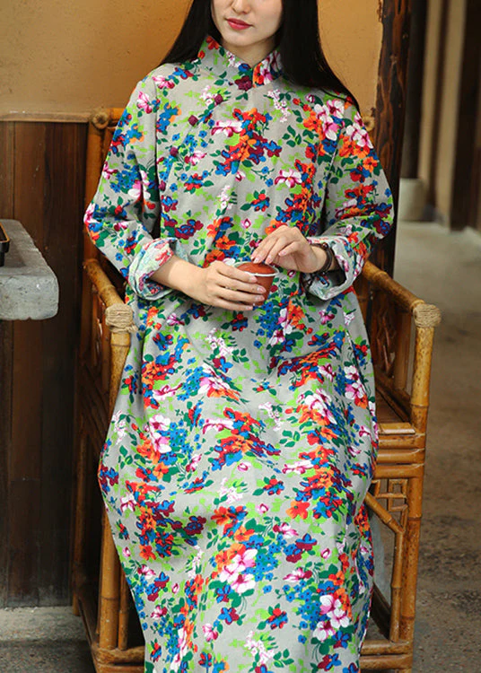 French Dark Grey Stand Collar Print Patchwork Cotton Dress Fall - Image 3