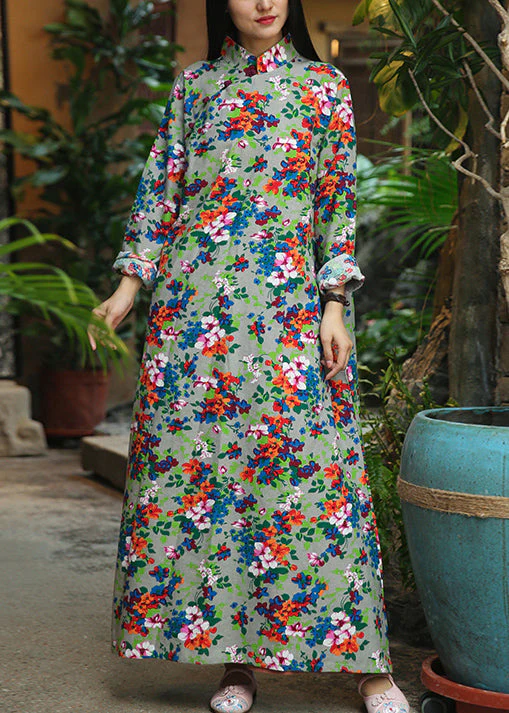 French Dark Grey Stand Collar Print Patchwork Cotton Dress Fall - Image 4