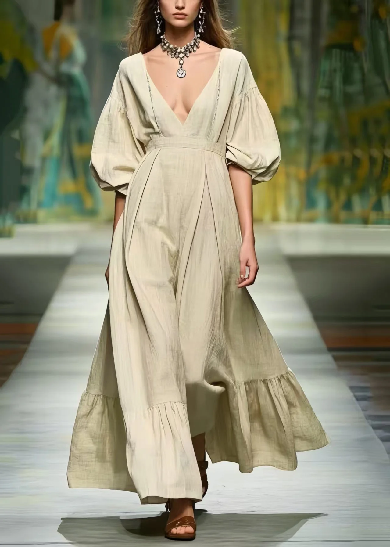French Deep-V Neck Exra Large Hem Linen Long Dress Lantern Sleeve - Image 3