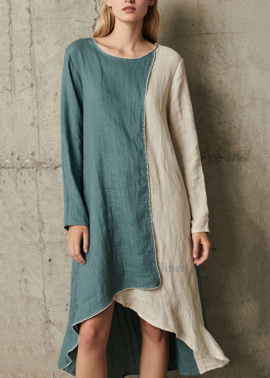 French Denim Blue Asymmetrical Patchwork Cotton Vacation Dresses Spring - Image 3