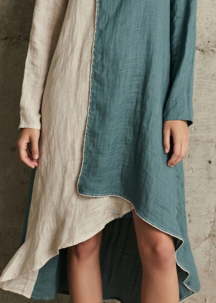 French Denim Blue Asymmetrical Patchwork Cotton Vacation Dresses Spring - Image 4