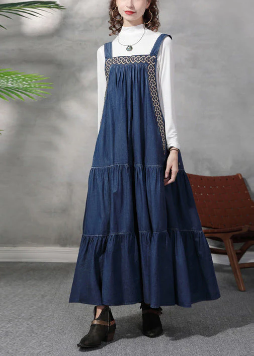 French Denim Blue Embroideried Exra Large Hem Cotton Strap Dress Summer