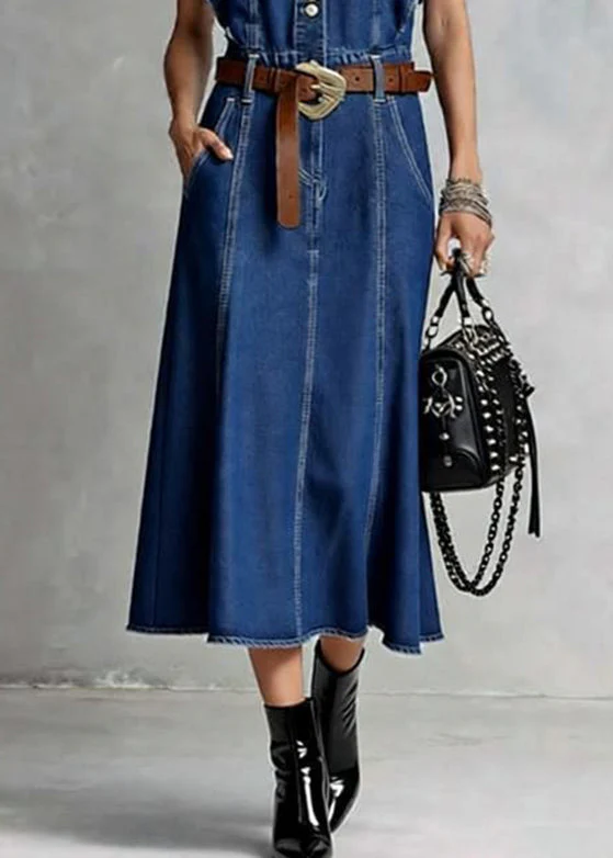 French Denim Blue O-Neck Ruffled Button Summer Maxi Dresses Sleeveless - Image 4