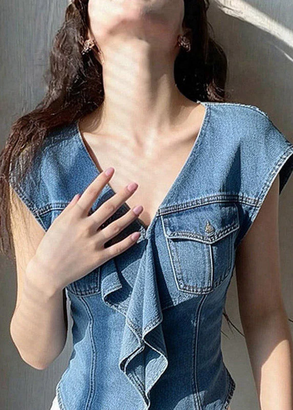 French Denim Blue Ruffled Patchwork Top Short Sleeve - Image 2