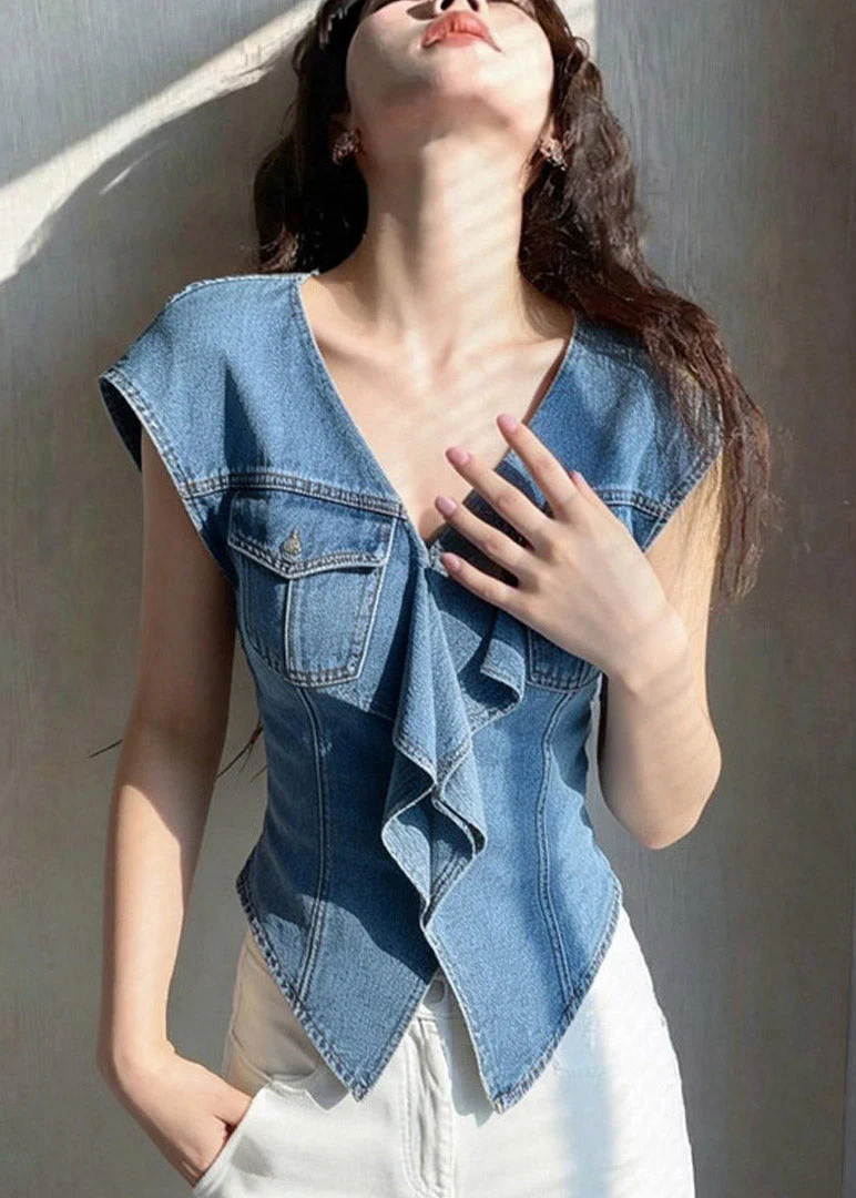 French Denim Blue Ruffled Patchwork Top Short Sleeve - Image 3