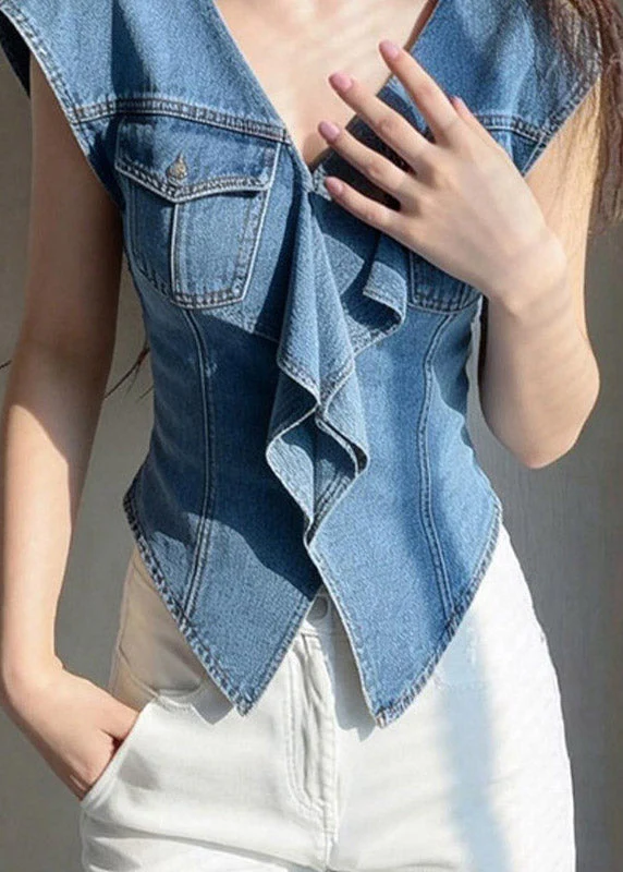 French Denim Blue Ruffled Patchwork Top Short Sleeve - Image 4