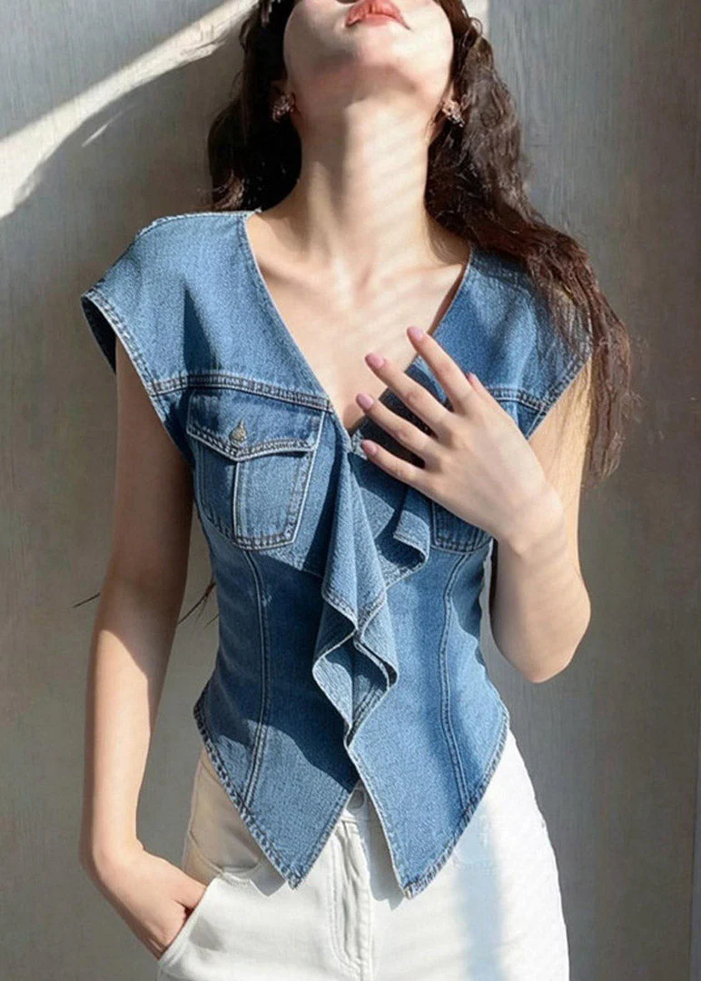French Denim Blue Ruffled Patchwork Top Short Sleeve - Image 5
