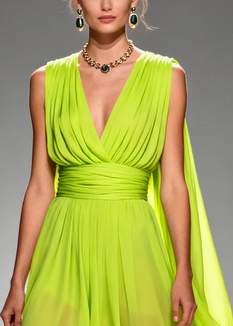 French Fluorescent Green V Neck Patchwork Flower Chiffon Long Dresses Summer - Image 2