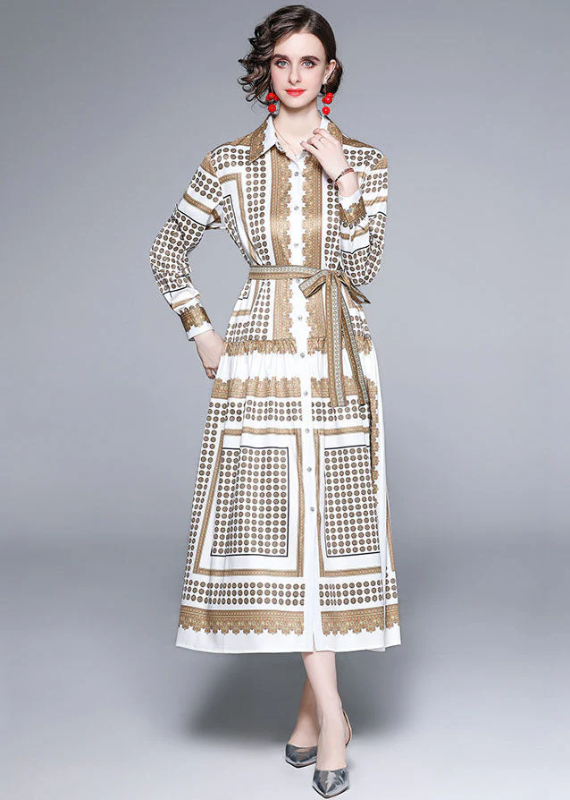 French Golden Peter Pan Collar Print Silk Maxi Dresses Fall - Image 2
