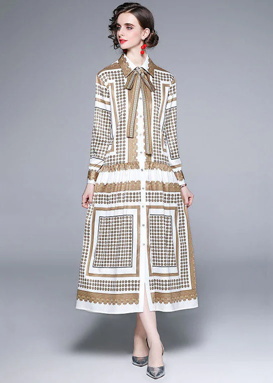 French Golden Peter Pan Collar Print Silk Maxi Dresses Fall - Image 3