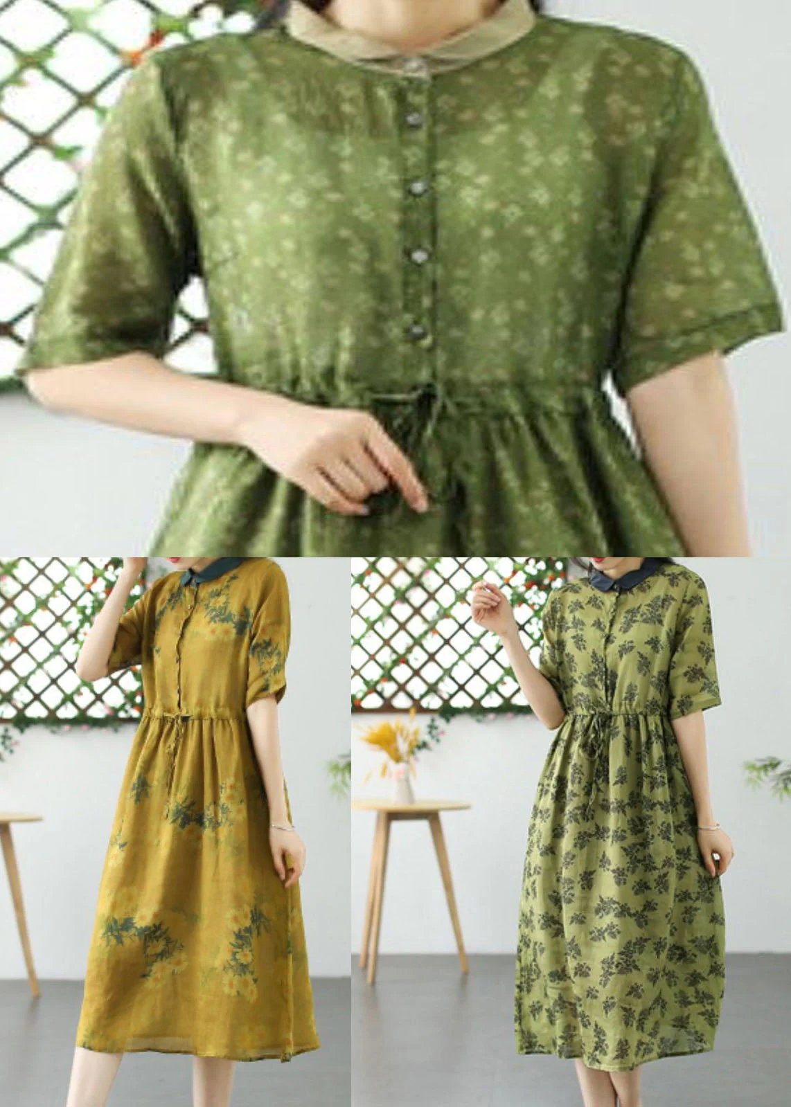 French Grass Green Peter Pan Collar Print Patchwork Linen Dresses Summer - Image 5