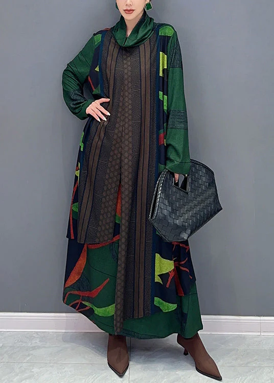 French Green Asymmetrical Print False Two Pieces Cotton Dresses Fall - Image 2