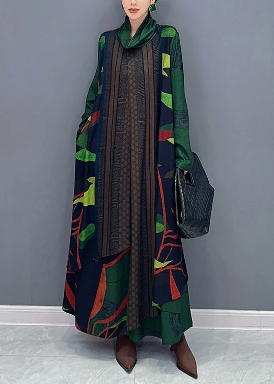 French Green Asymmetrical Print False Two Pieces Cotton Dresses Fall - Image 3