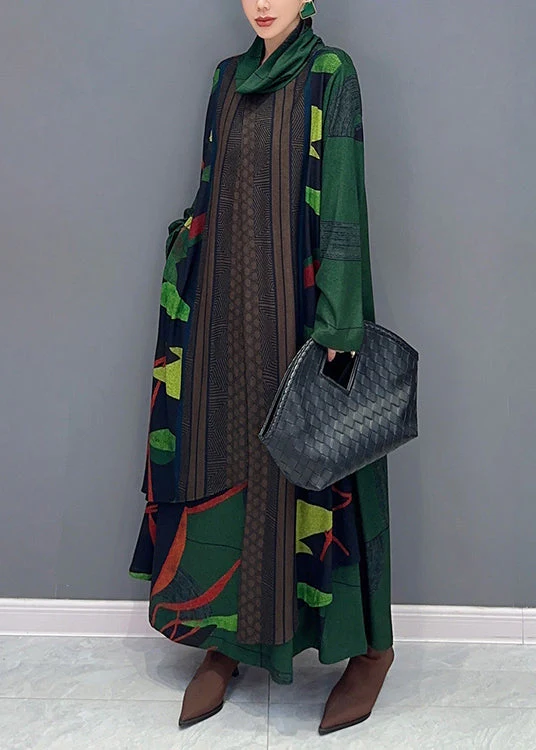 French Green Asymmetrical Print False Two Pieces Cotton Dresses Fall - Image 4