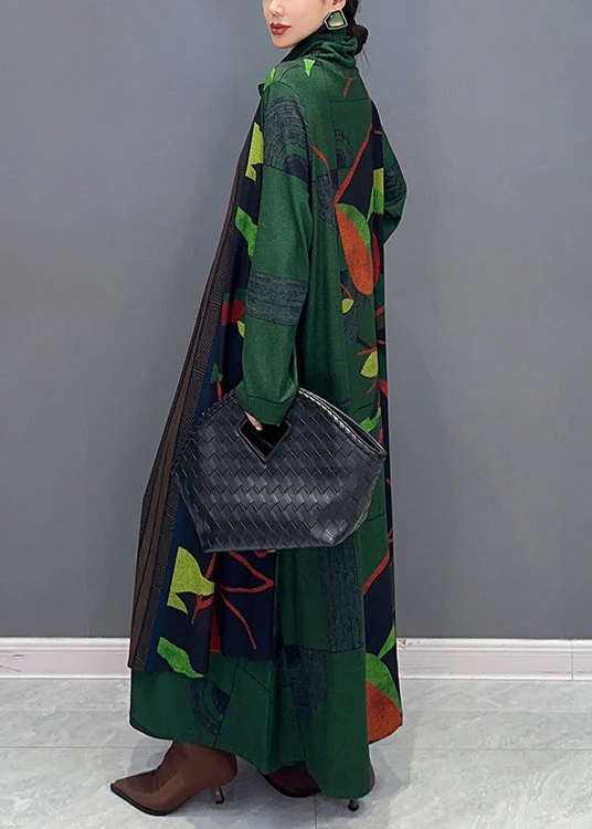 French Green Asymmetrical Print False Two Pieces Cotton Dresses Fall - Image 5