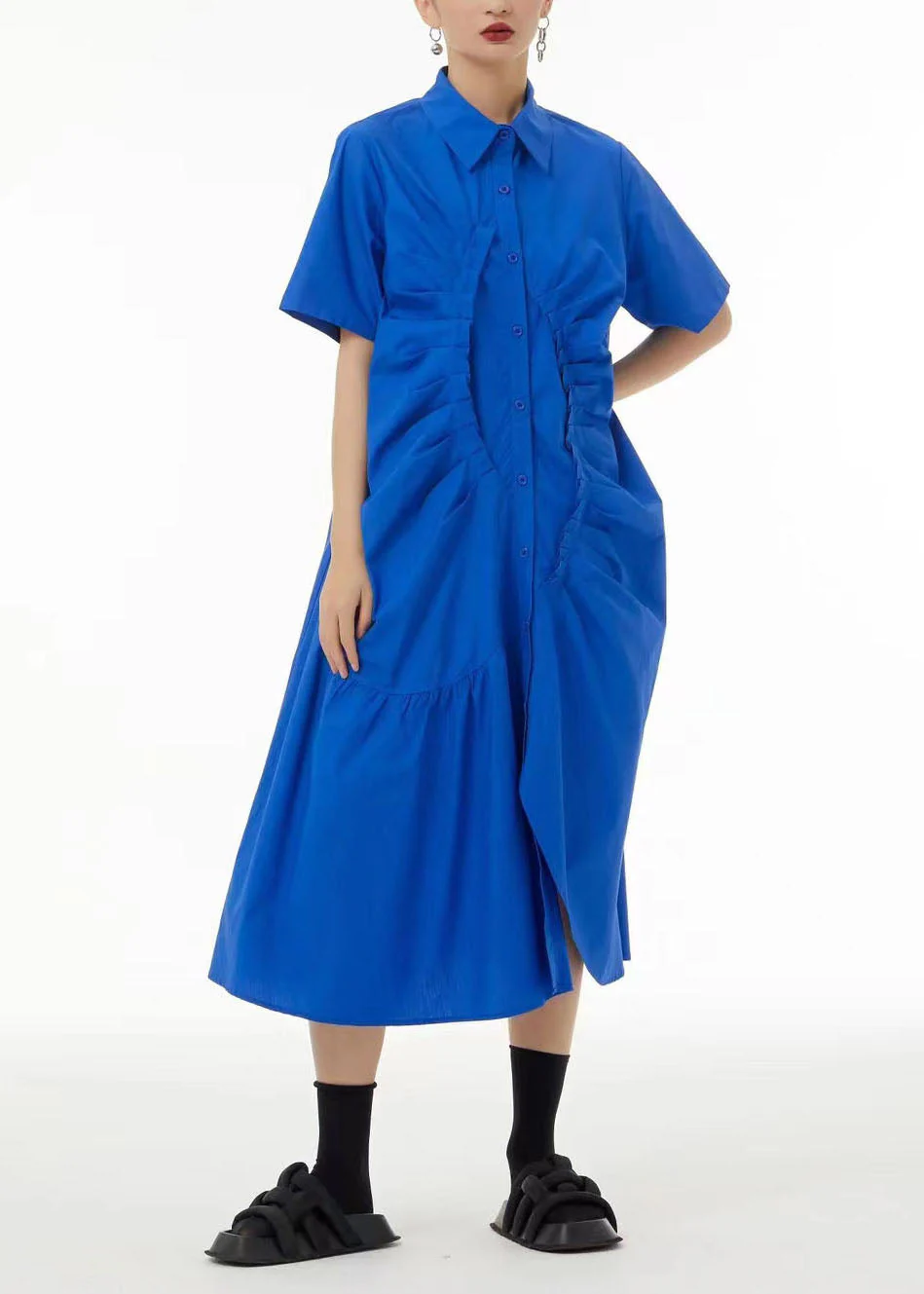 French Green Asymmetrical Wrinkled Cotton Robe Dresses Summer - Image 2