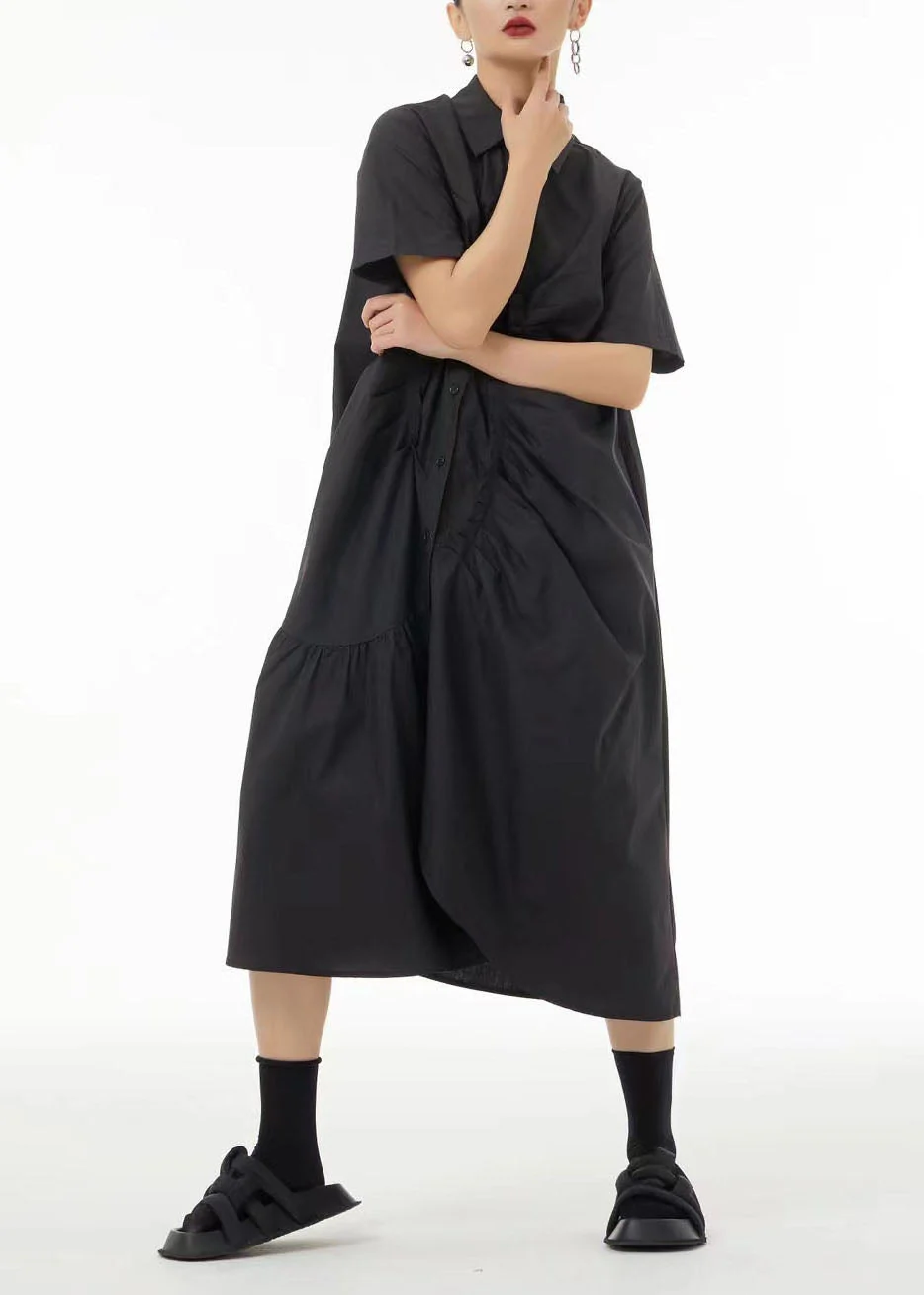 French Green Asymmetrical Wrinkled Cotton Robe Dresses Summer - Image 3