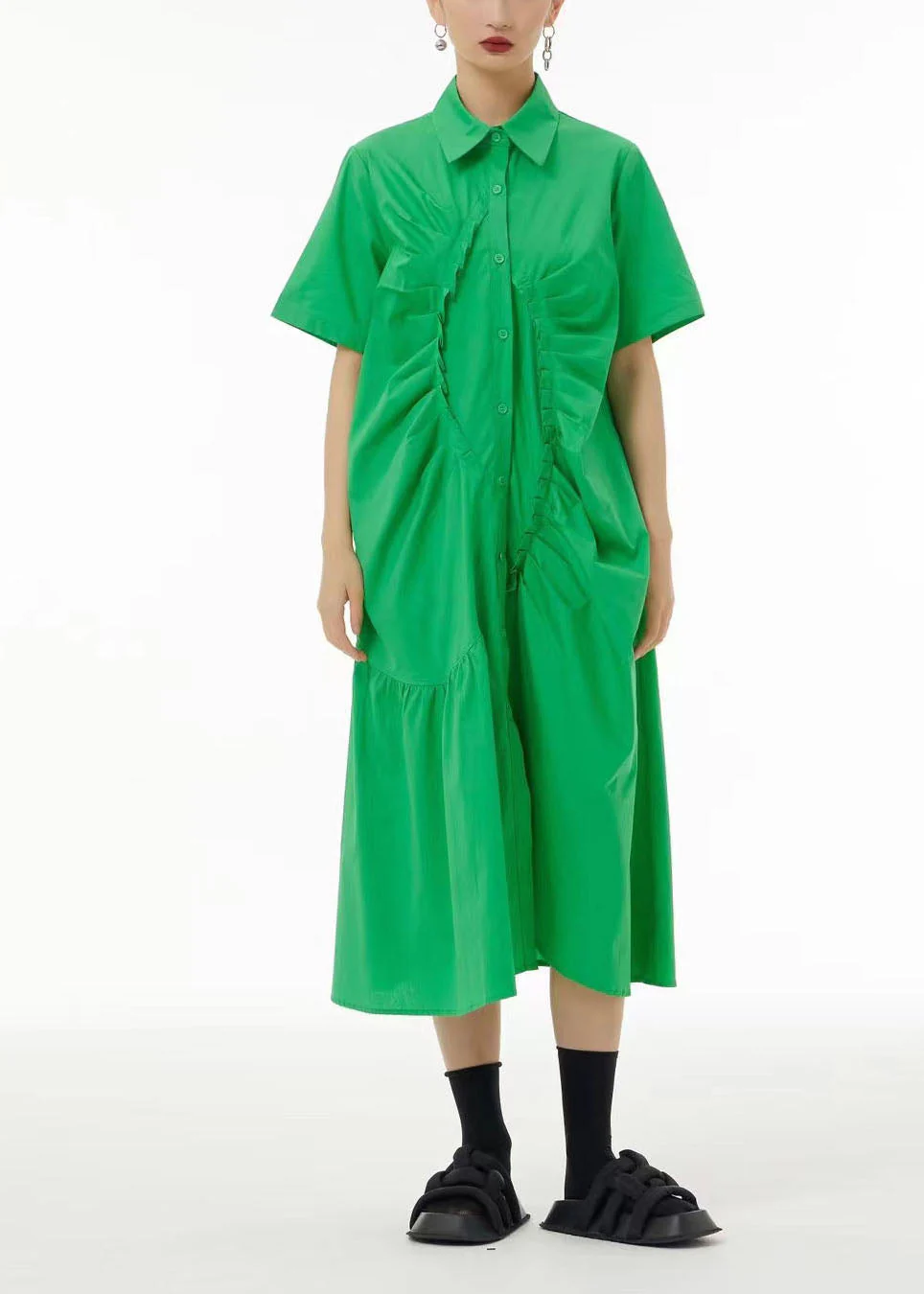 French Green Asymmetrical Wrinkled Cotton Robe Dresses Summer - Image 4