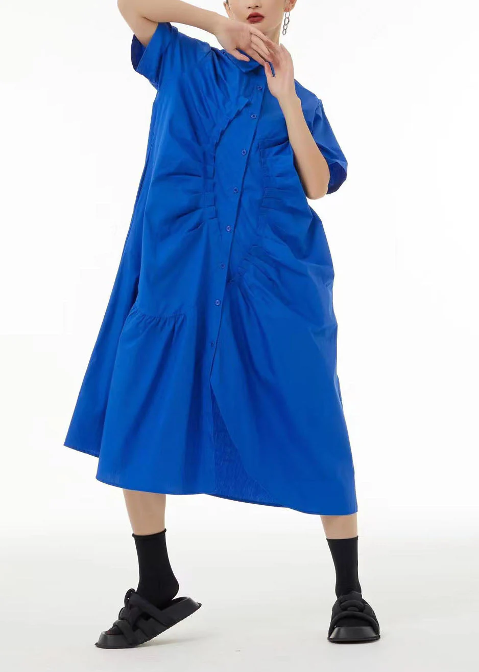 French Green Asymmetrical Wrinkled Cotton Robe Dresses Summer - Image 5