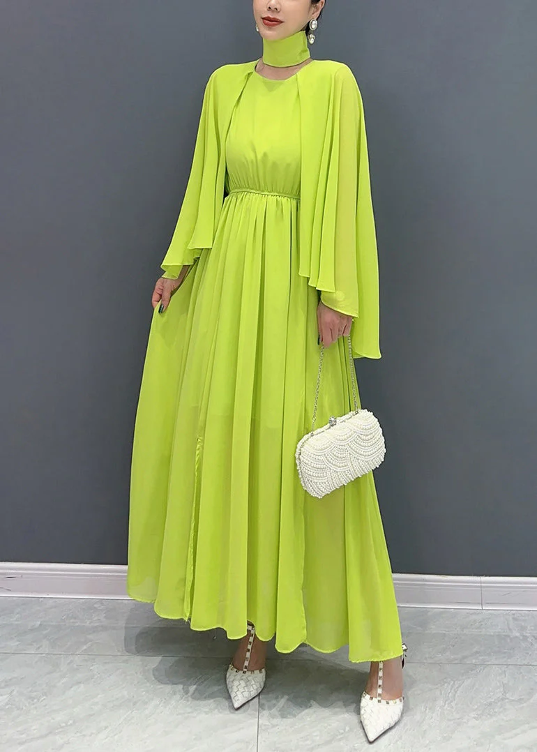 French Green Cape Patchwork Chiffon Long Dresses Flare Sleeve - Image 2