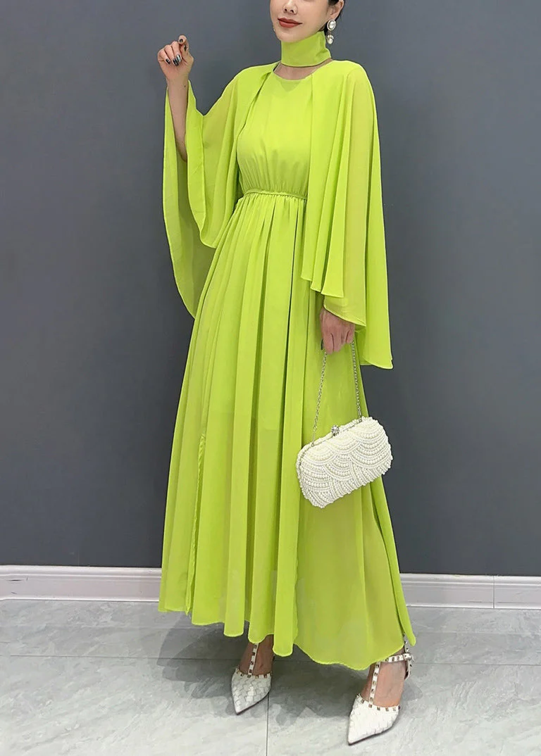 French Green Cape Patchwork Chiffon Long Dresses Flare Sleeve - Image 3