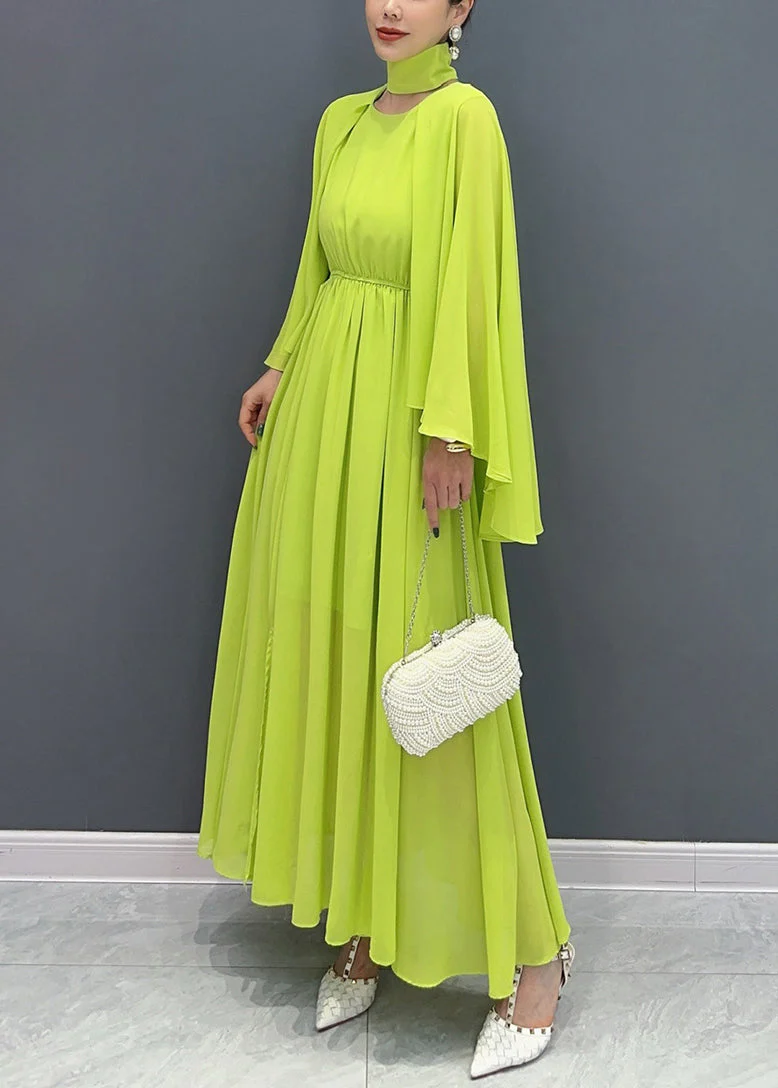 French Green Cape Patchwork Chiffon Long Dresses Flare Sleeve - Image 4