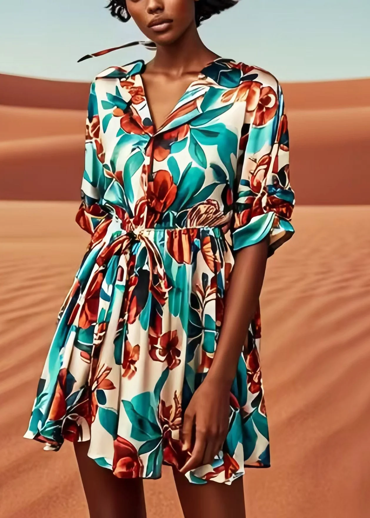 French Green Cinched Print Silk Day Dress Summer - Image 2